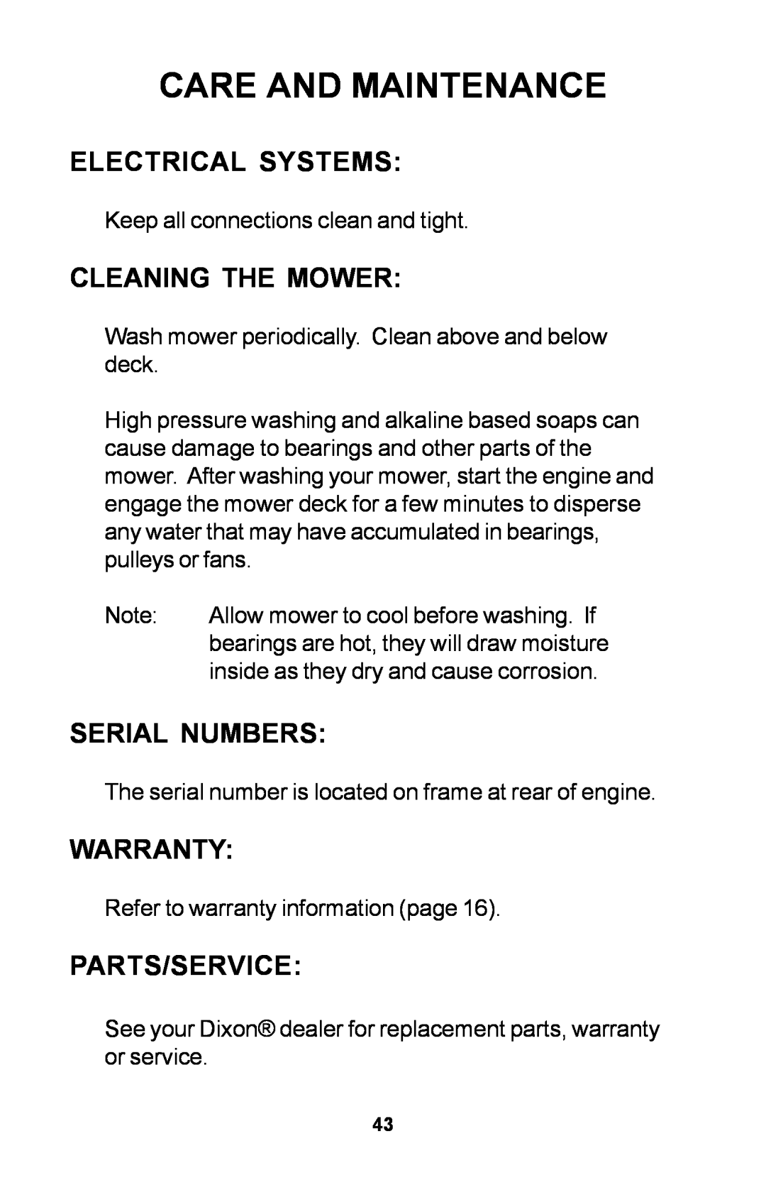 Dixon 30 manual Electrical Systems, Cleaning The Mower, Serial Numbers, Warranty, Parts/Service, Care And Maintenance 
