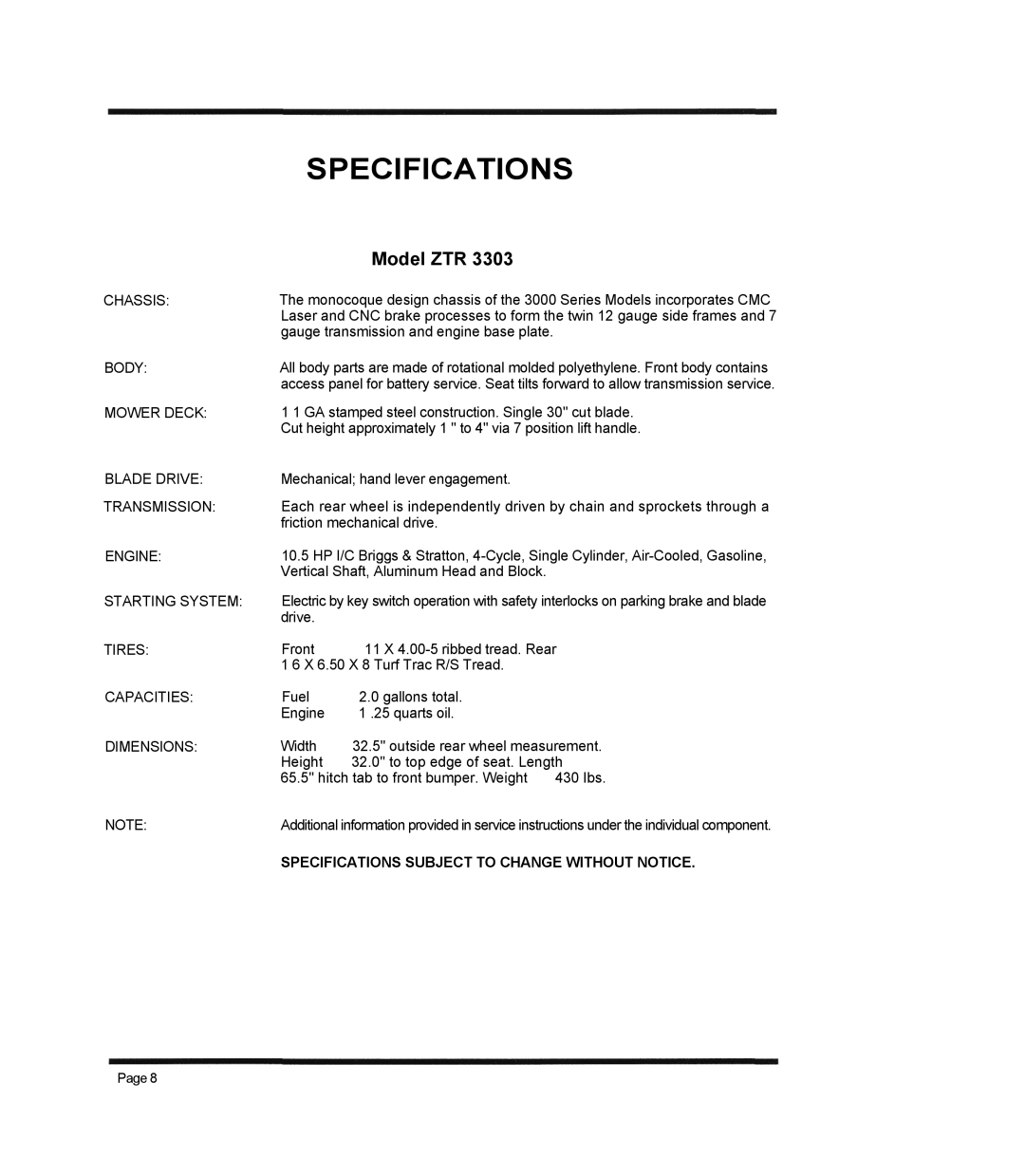 Dixon 3000 Series manual Specifications 