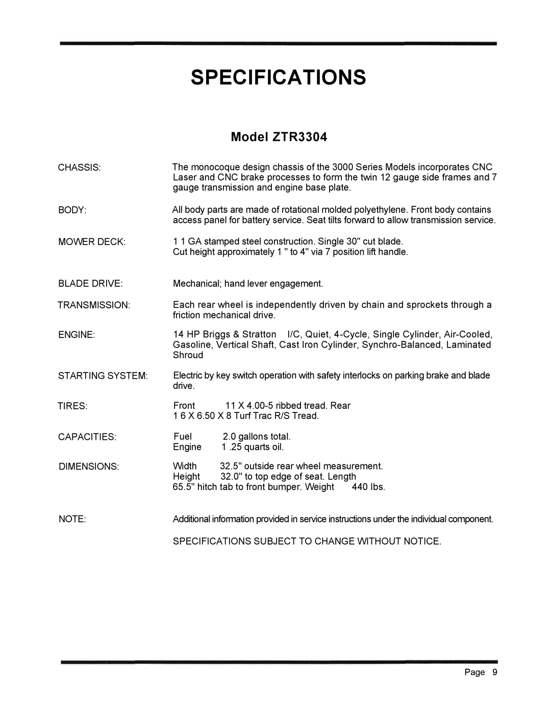 Dixon 3000 Series manual Specifications 