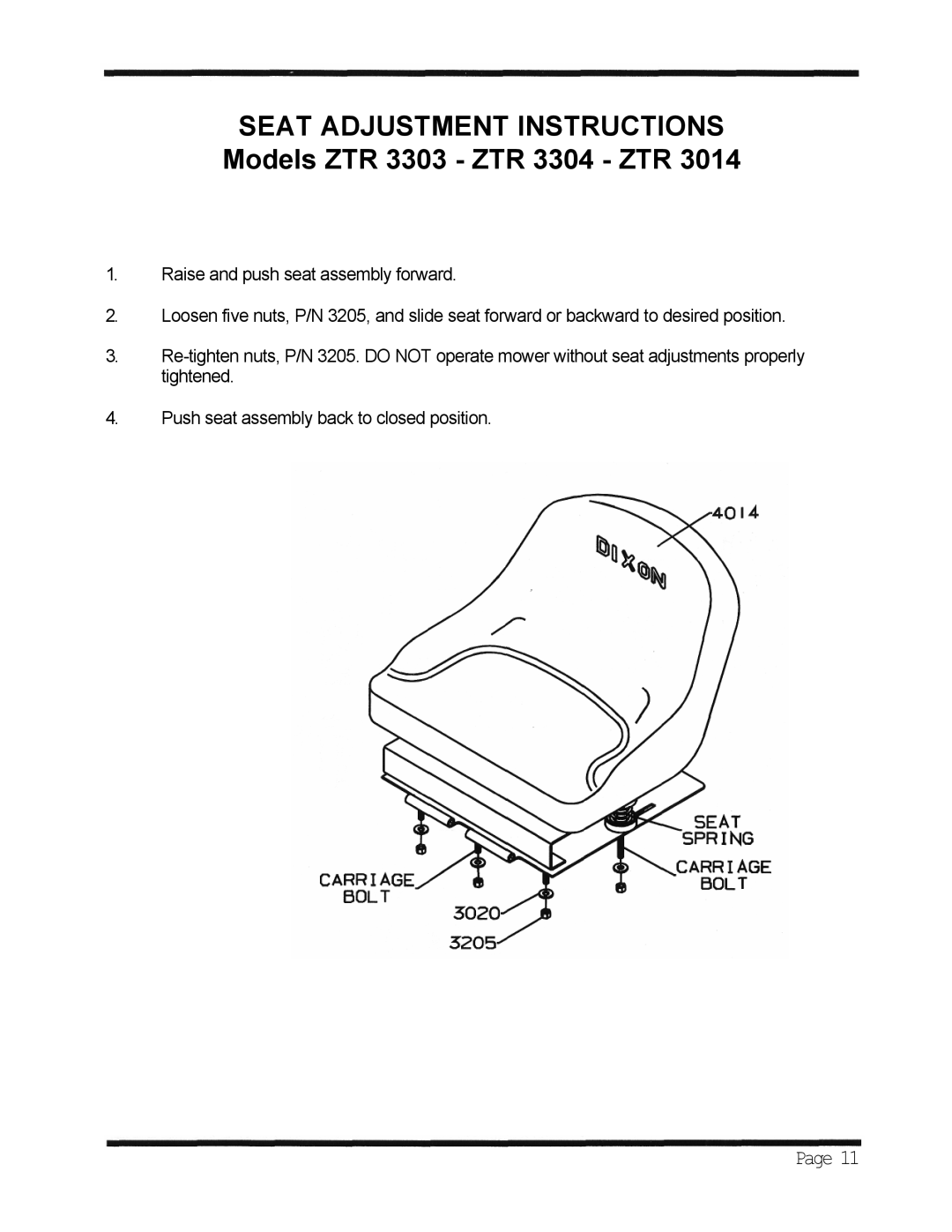 Dixon 3000 Series manual Seat Adjustment Instructions 