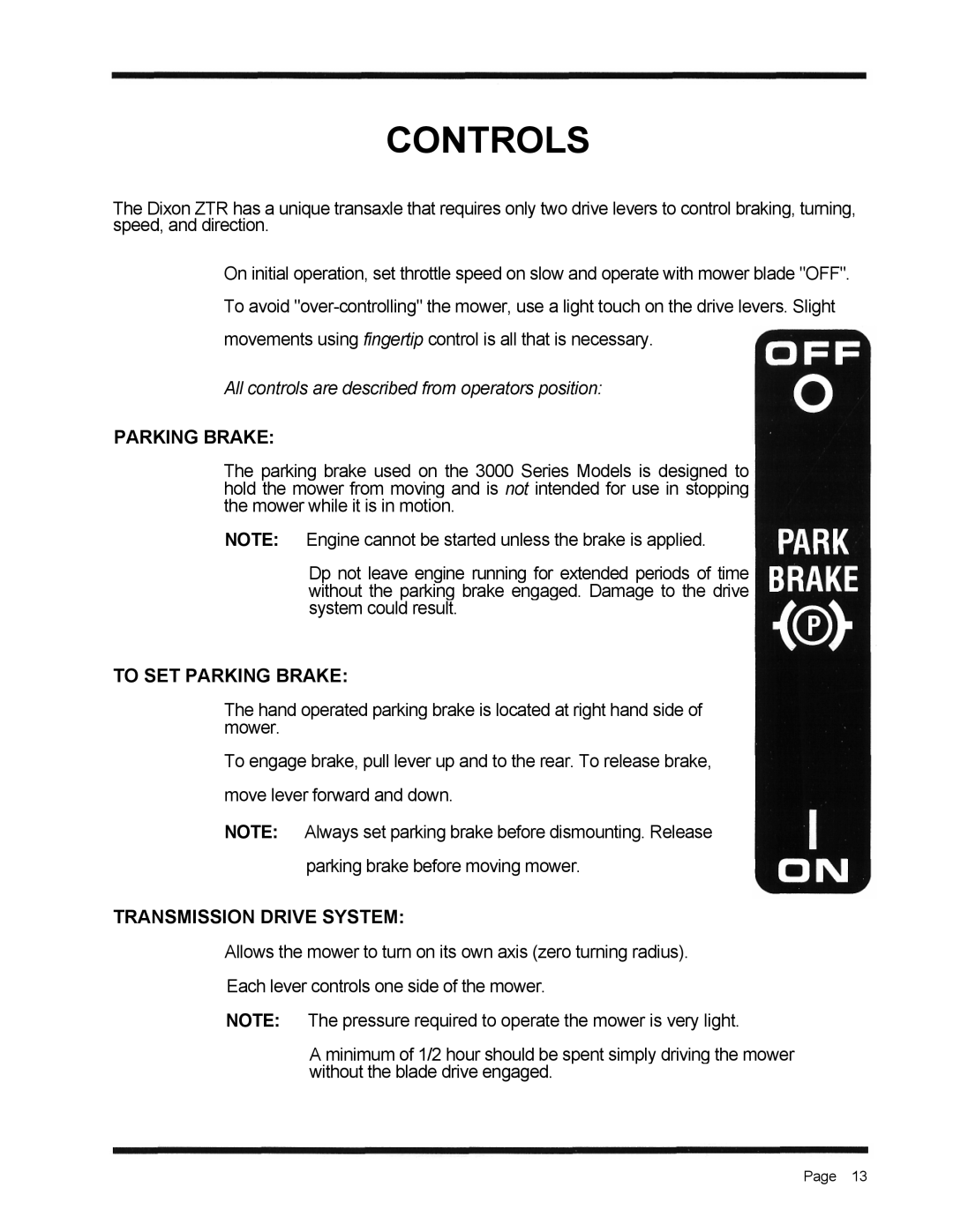 Dixon 3000 Series manual To SET Parking Brake, Transmission Drive System 