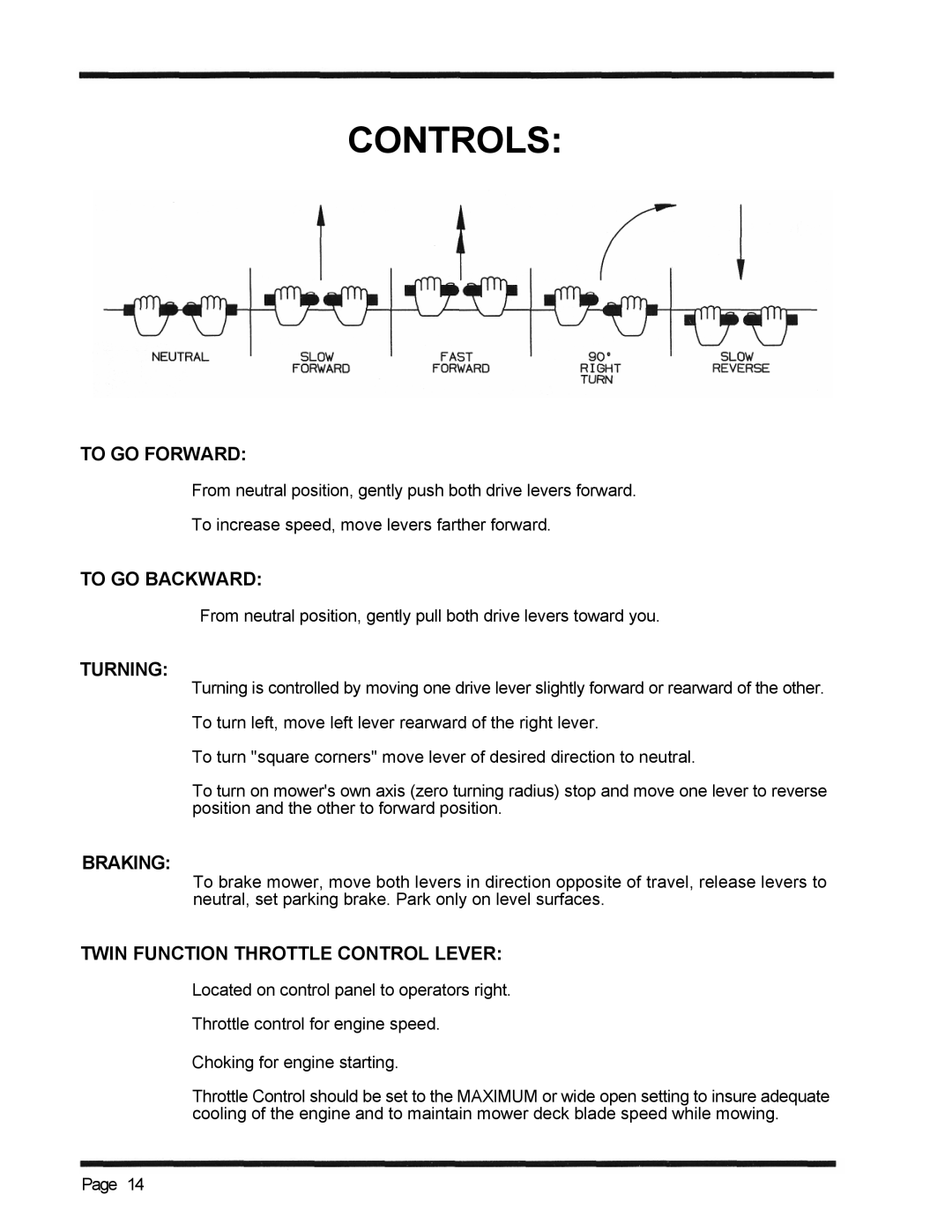 Dixon 3000 Series manual To GO Forward, To GO Backward, Turning, Braking, Twin Function Throttle Control Lever 