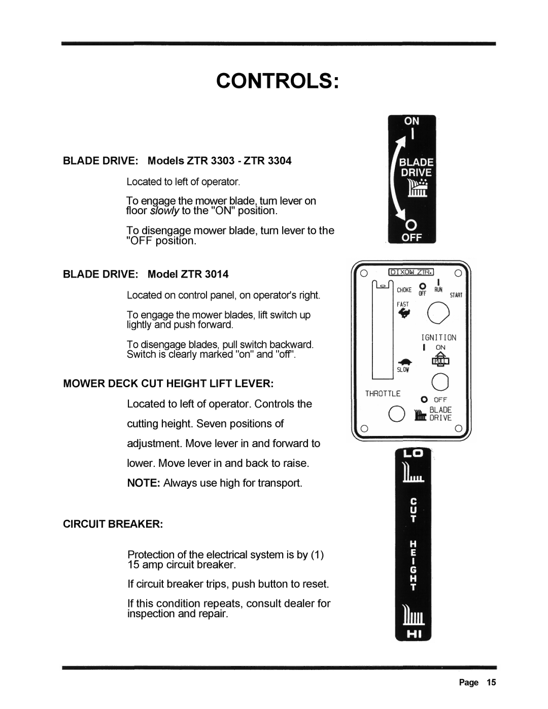 Dixon 3000 Series manual Mower Deck CUT Height Lift Lever, Circuit Breaker 