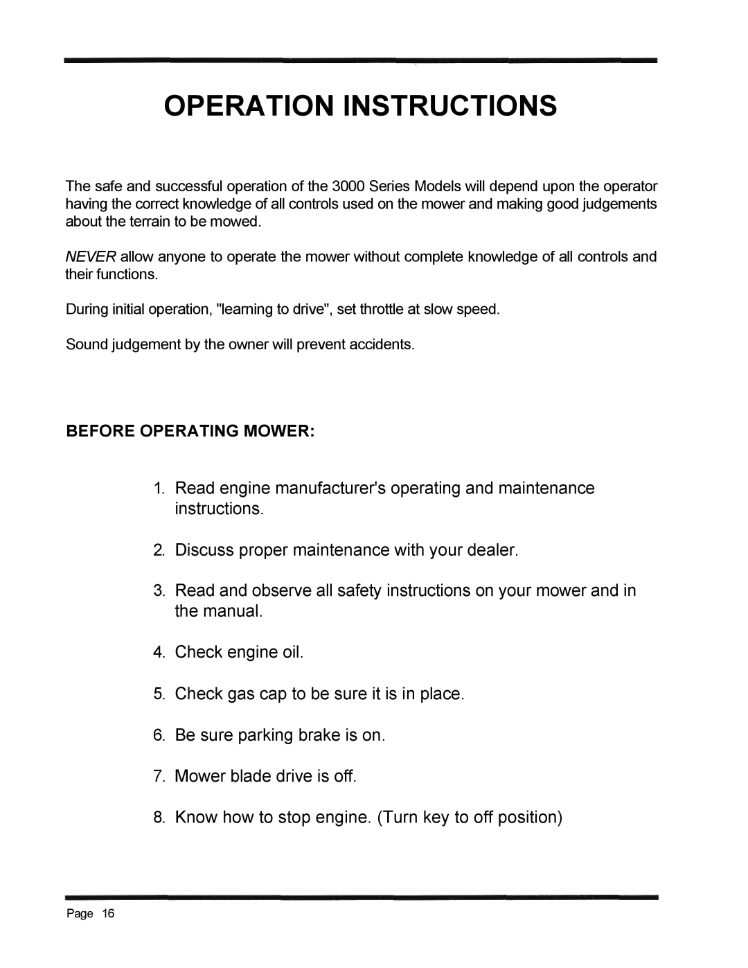 Dixon 3000 Series manual Operation Instructions 