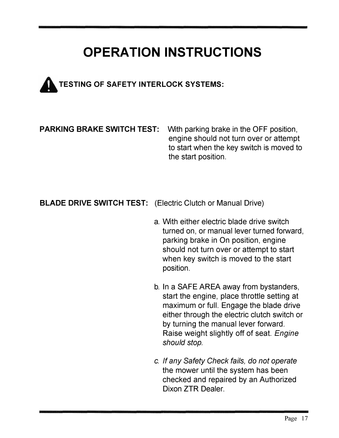 Dixon 3000 Series manual Testing of Safety Interlock Systems 