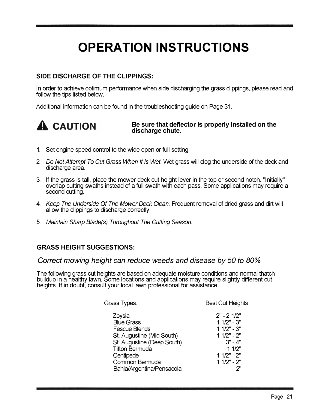 Dixon 3000 Series manual Side Discharge of the Clippings, Grass Height Suggestions 