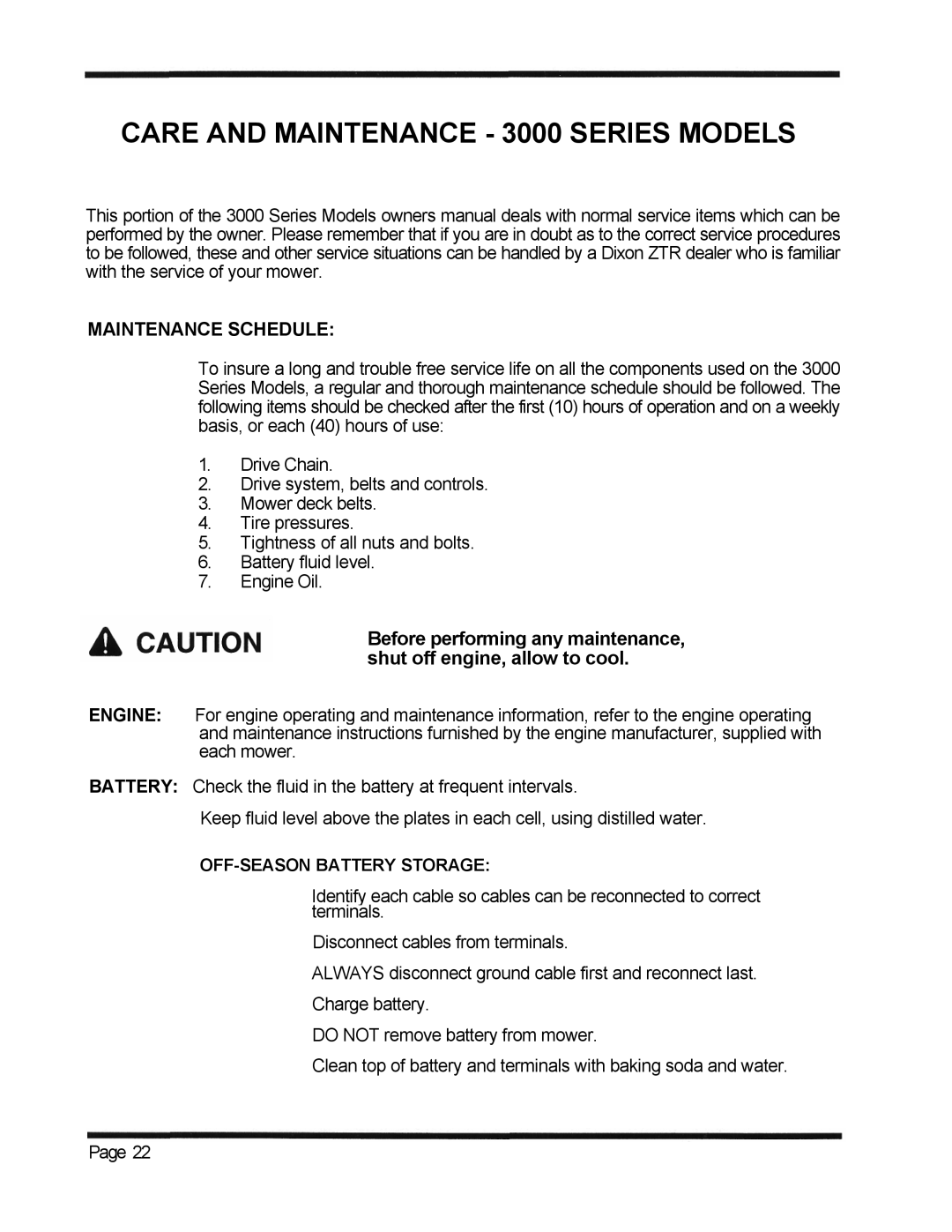 Dixon manual Care and Maintenance 3000 Series Models, Maintenance Schedule 