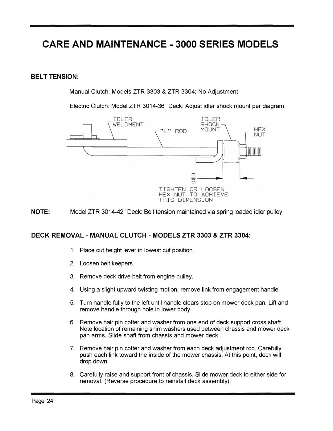 Dixon 3000 Series manual Belt Tension, Deck Removal Manual Clutch Models ZTR 3303 & ZTR 