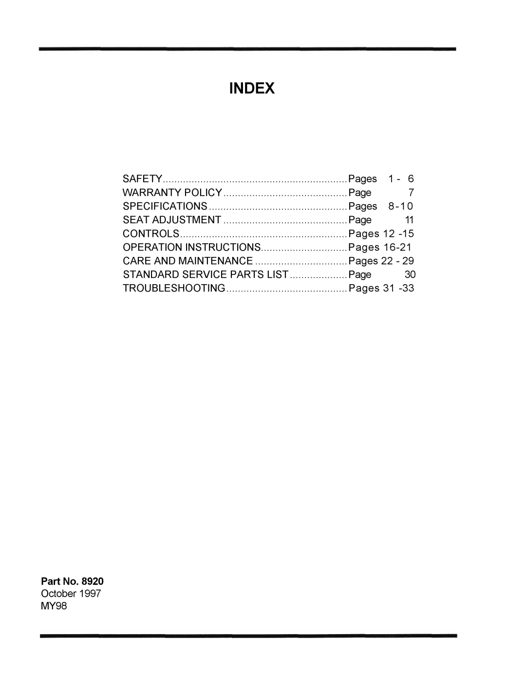 Dixon 3000 Series manual Index 