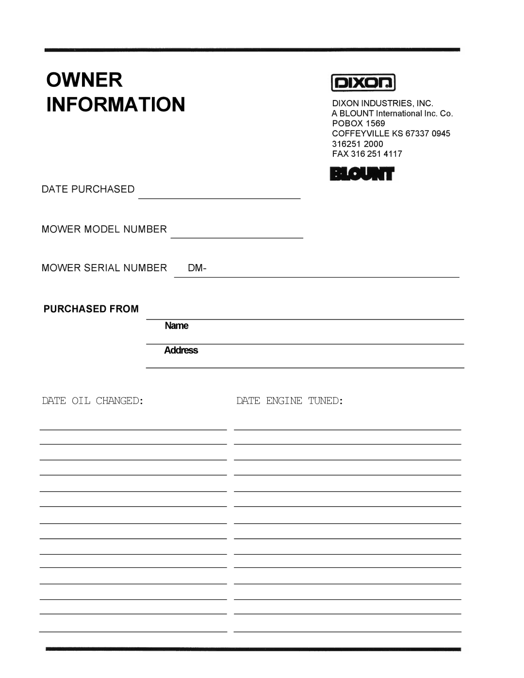 Dixon 3000 Series manual Owner Information 