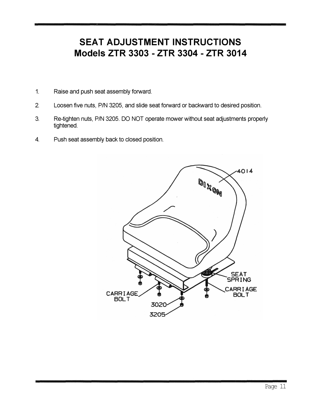 Dixon 3000 Series manual SEAT ADJUSTMENT INSTRUCTIONS Models ZTR 3303 - ZTR 3304 - ZTR, Page 