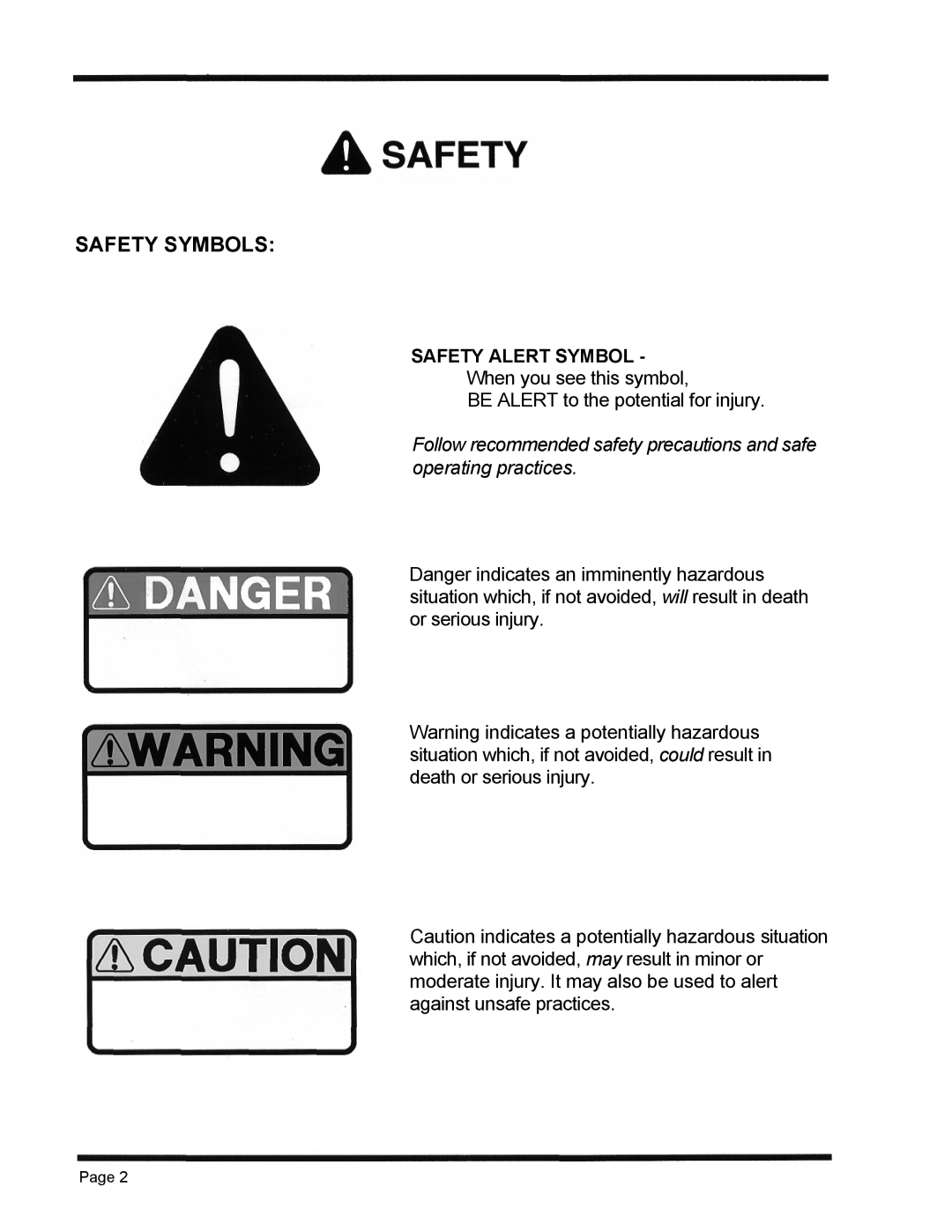 Dixon 3000 Series manual Safety Symbols, Follow recommended safety precautions and safe operating practices 