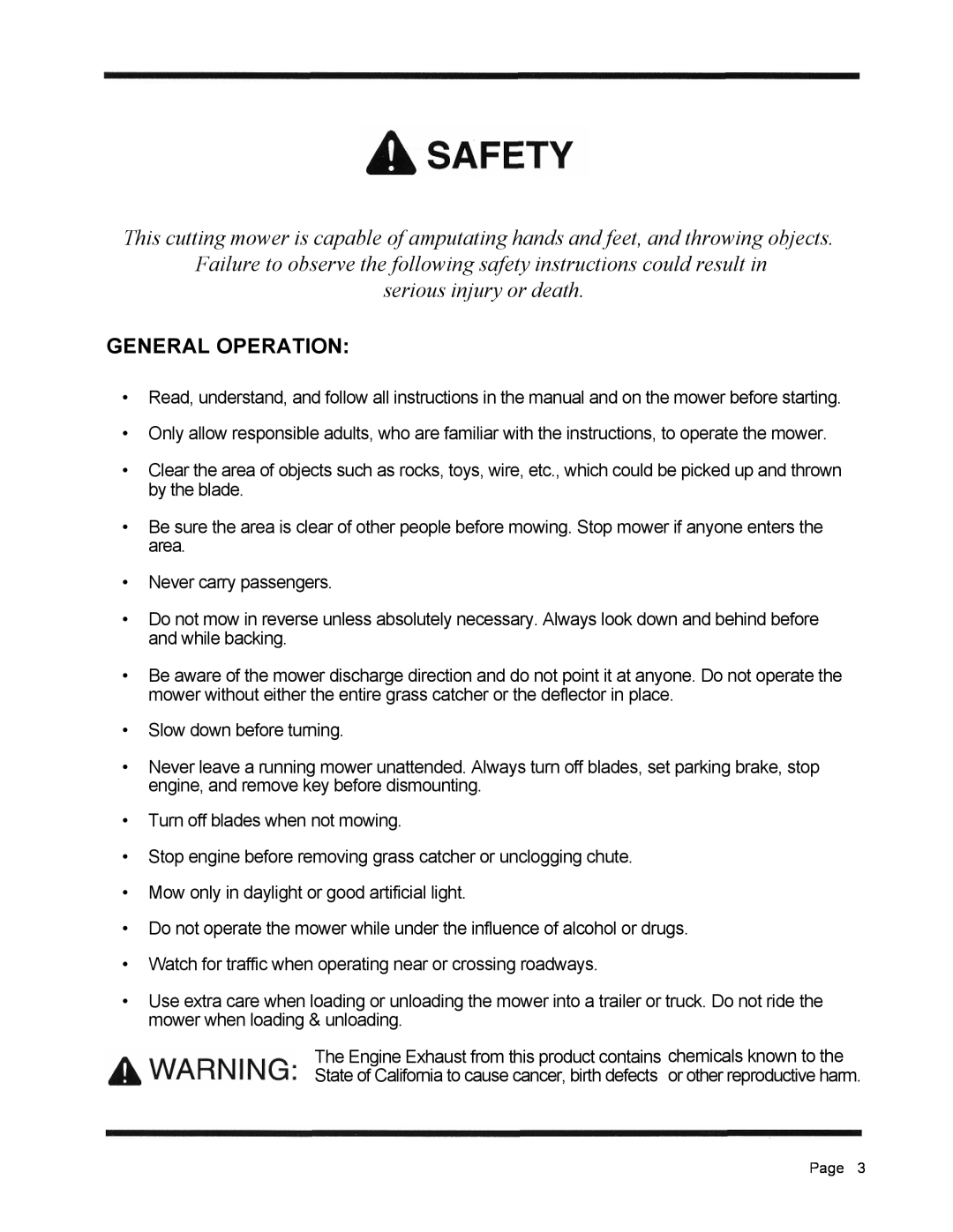 Dixon 3000 Series manual serious injury or death, General Operation 