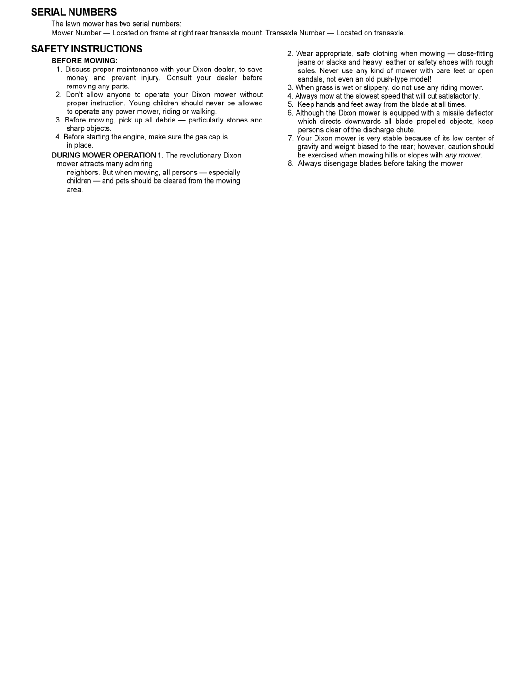 Dixon 301, 302 manual Serial Numbers, Safety Instructions 