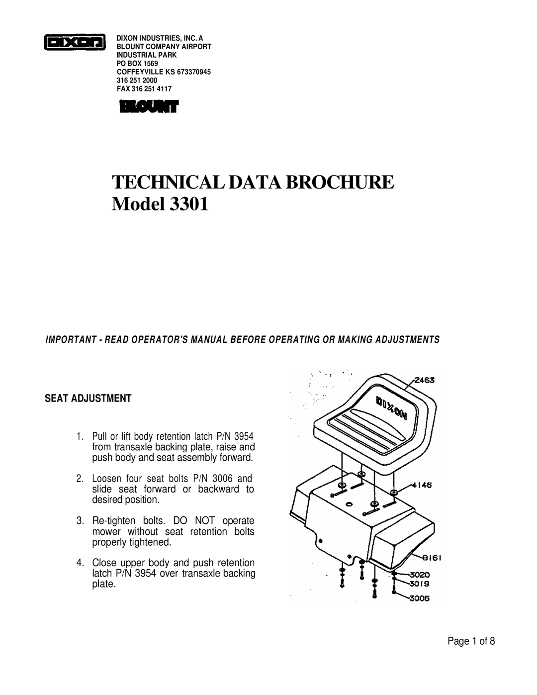 Dixon 3301 brochure Technical Data Brochure, Seat Adjustment 