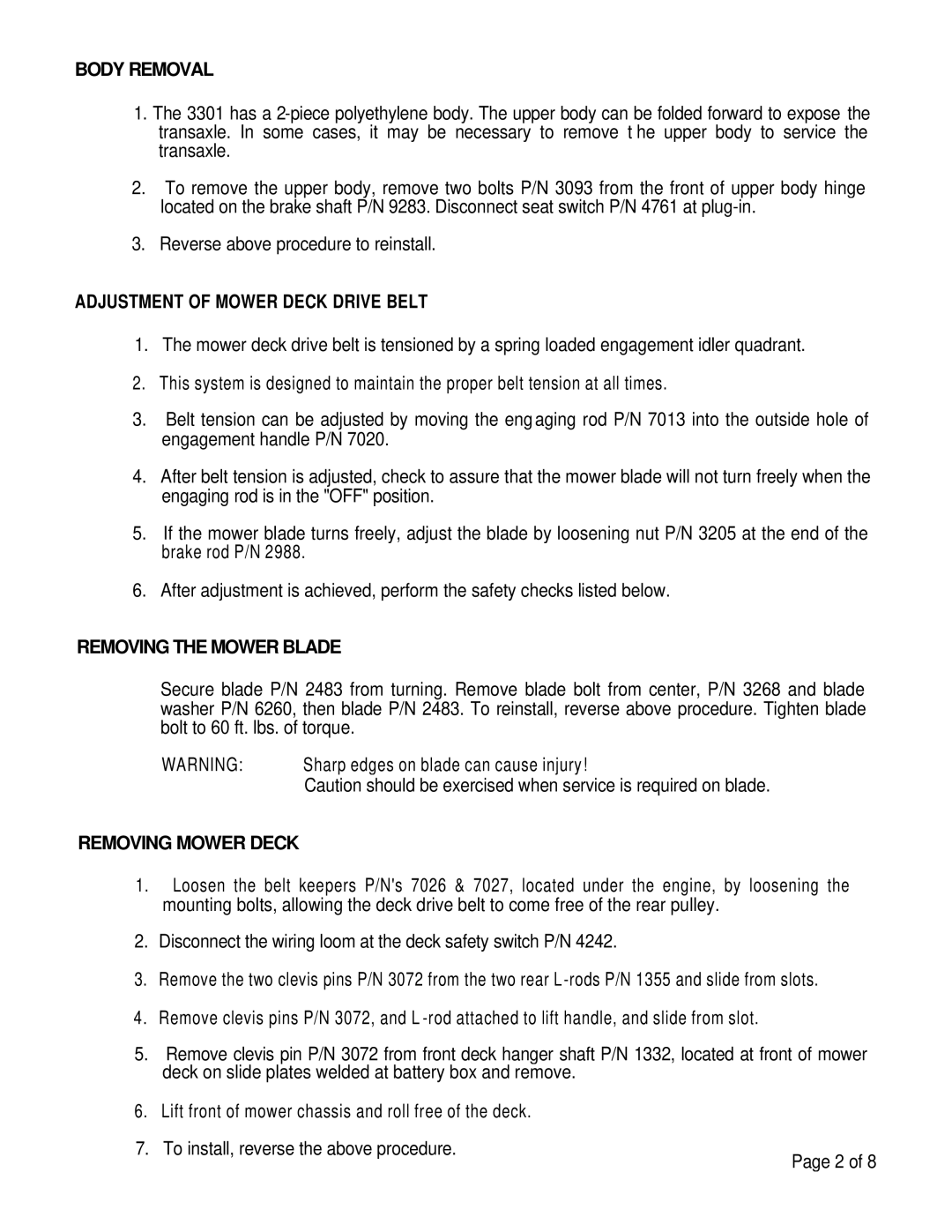 Dixon 3301 brochure Body Removal, Adjustment of Mower Deck Drive Belt, Removing the Mower Blade, Removing Mower Deck 