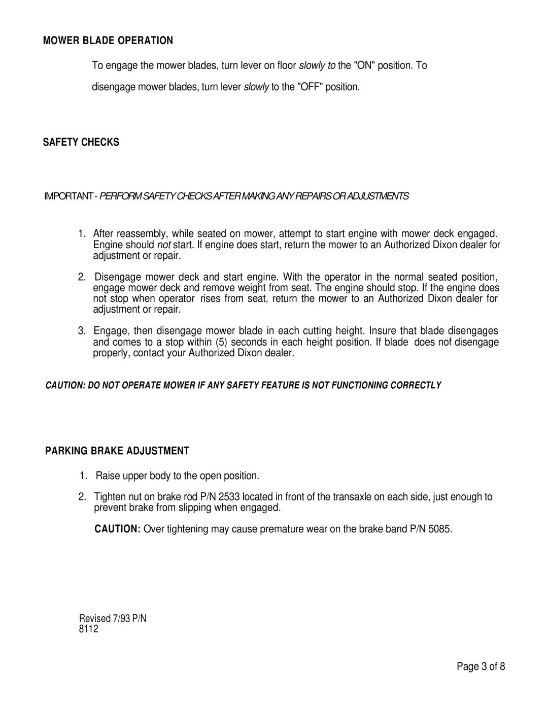 Dixon 3301 brochure Mower Blade Operation, Safety Checks, Parking Brake Adjustment 