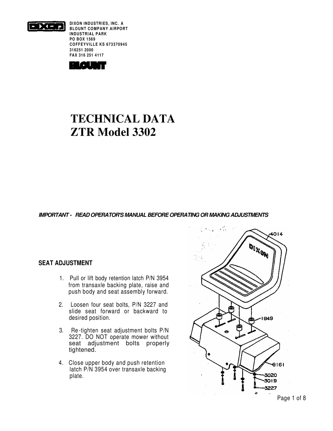 Dixon 3302 manual Technical Data, Seat Adjustment 