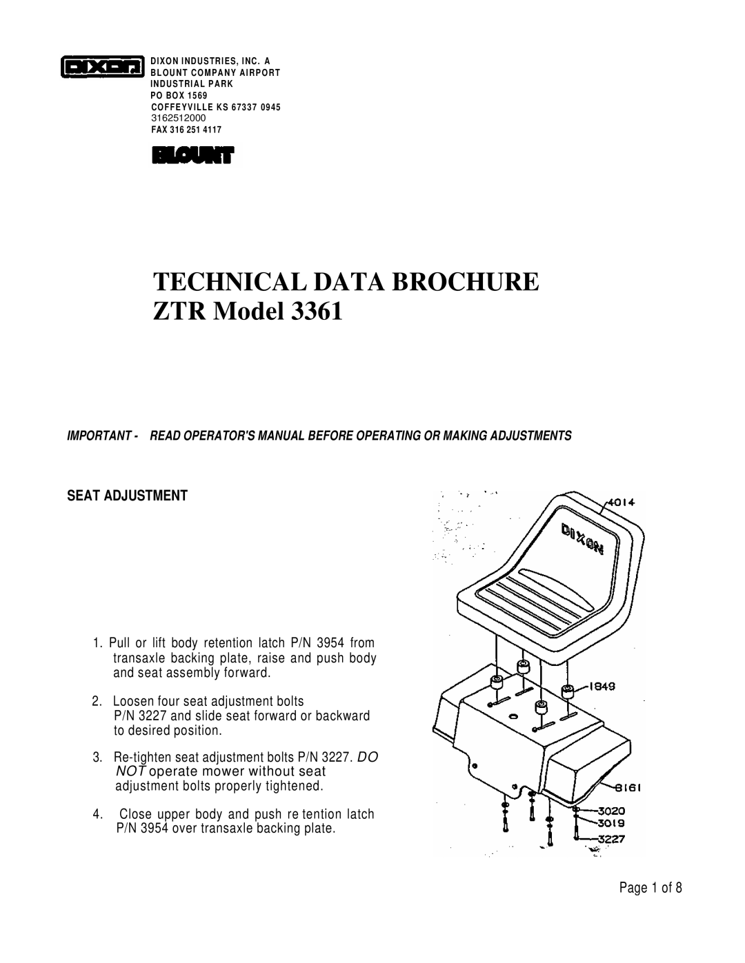 Dixon 3361 brochure Technical Data Brochure, Seat Adjustment 