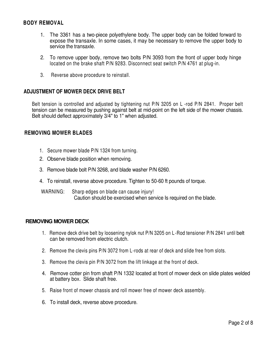 Dixon 3361 brochure Body Removal, Removing Mower Deck 