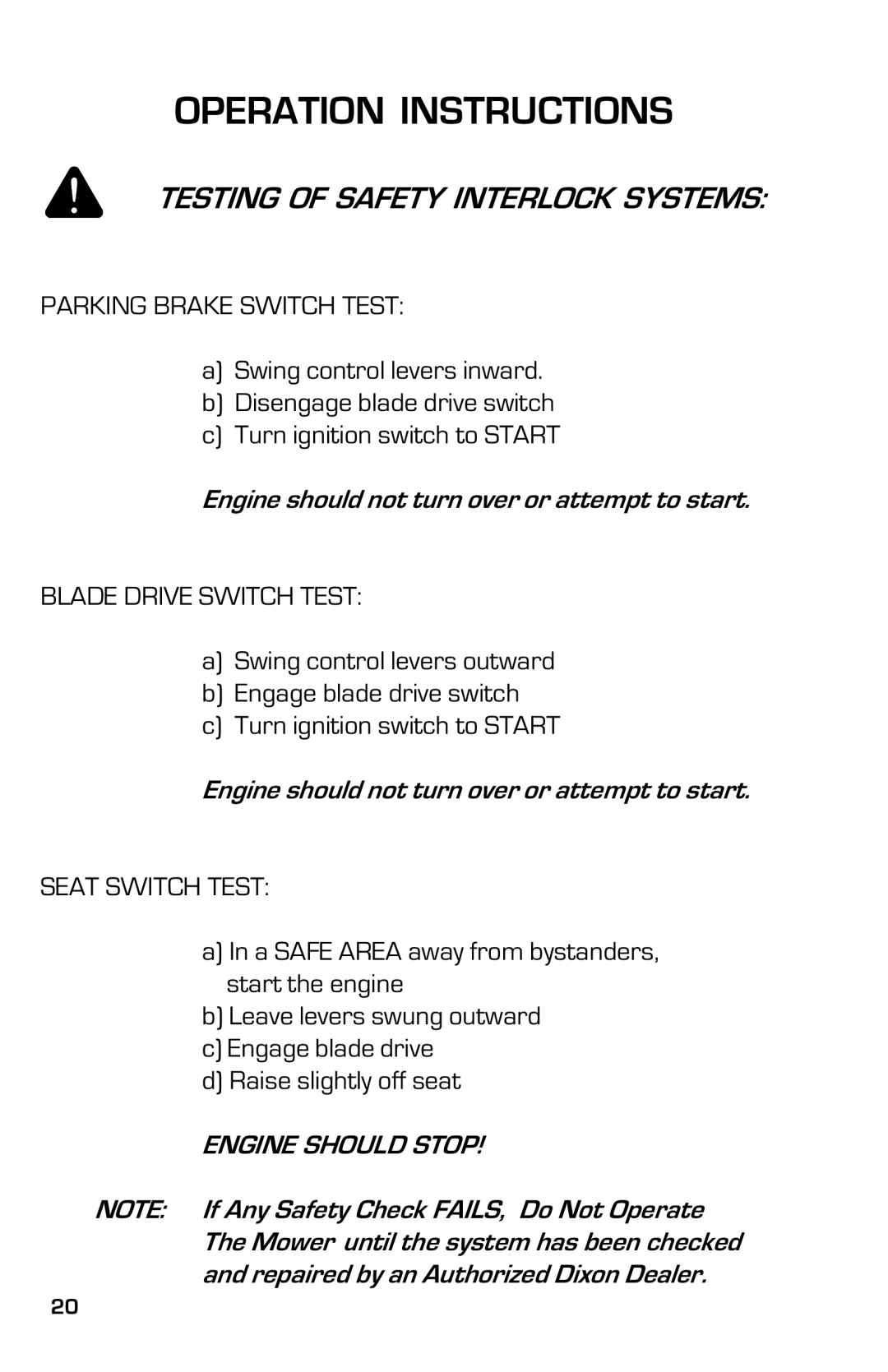 Dixon 3500 Series manual Testing of Safety Interlock Systems, Parking Brake Switch Test, Blade Drive Switch Test 