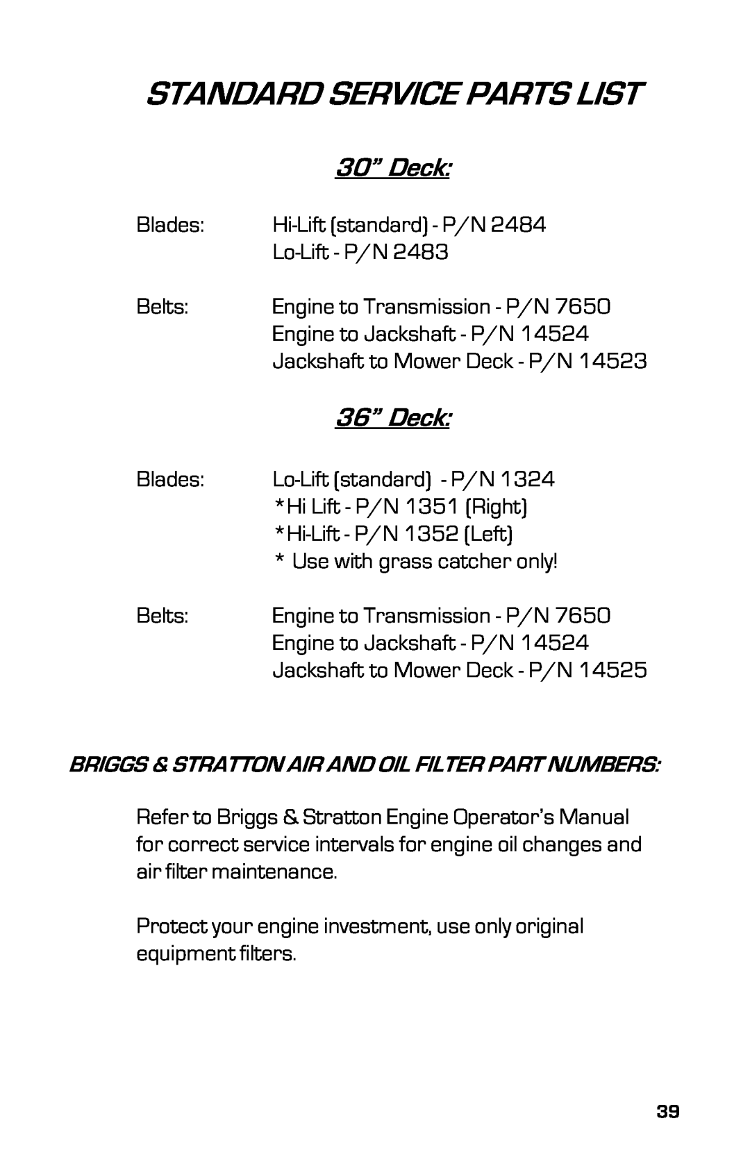 Dixon 3500 Series manual Standard Service Parts List, 30” Deck, 36” Deck 