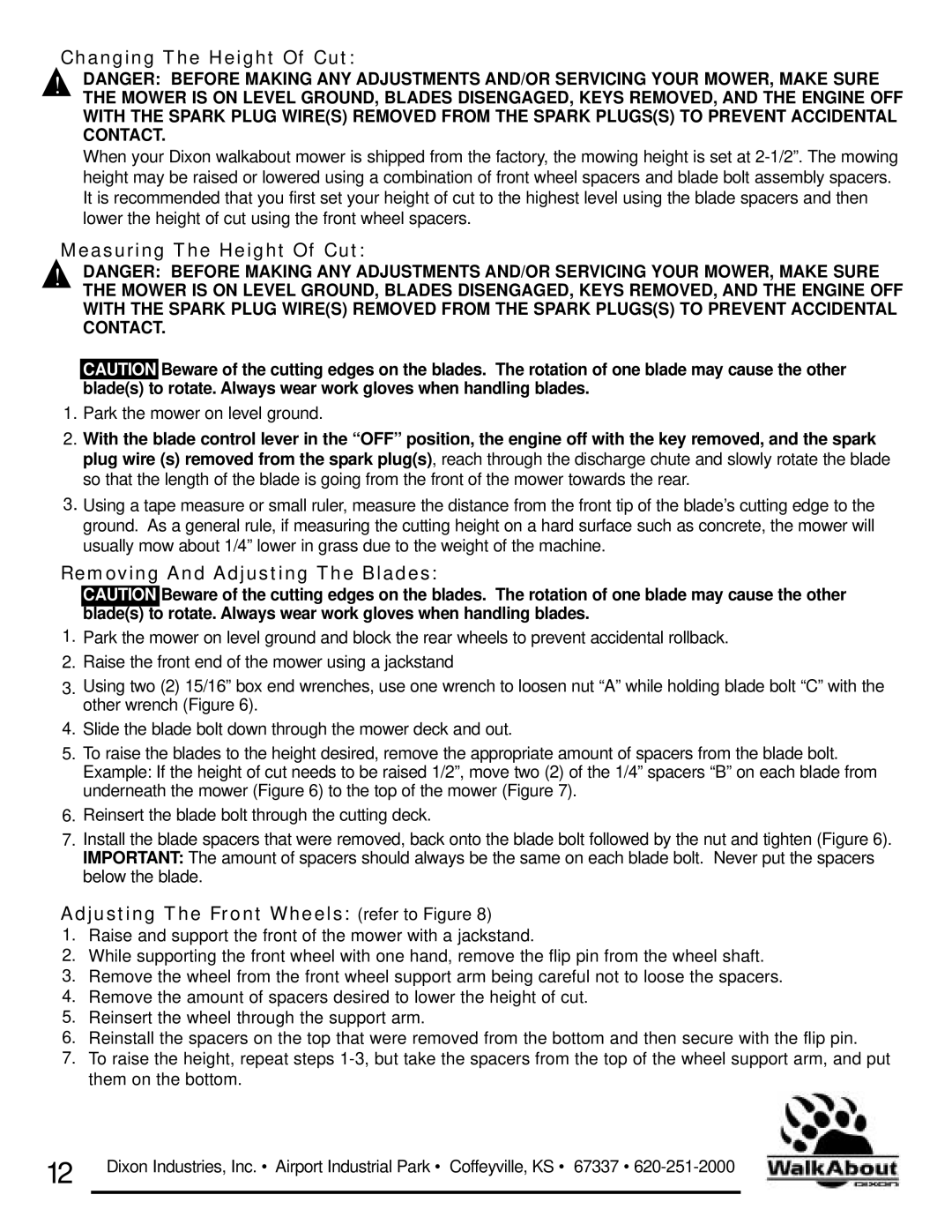 Dixon 36 & 48 owner manual Changing The Height Of Cut, Measuring The Height Of Cut, Removing And Adjusting The Blades 