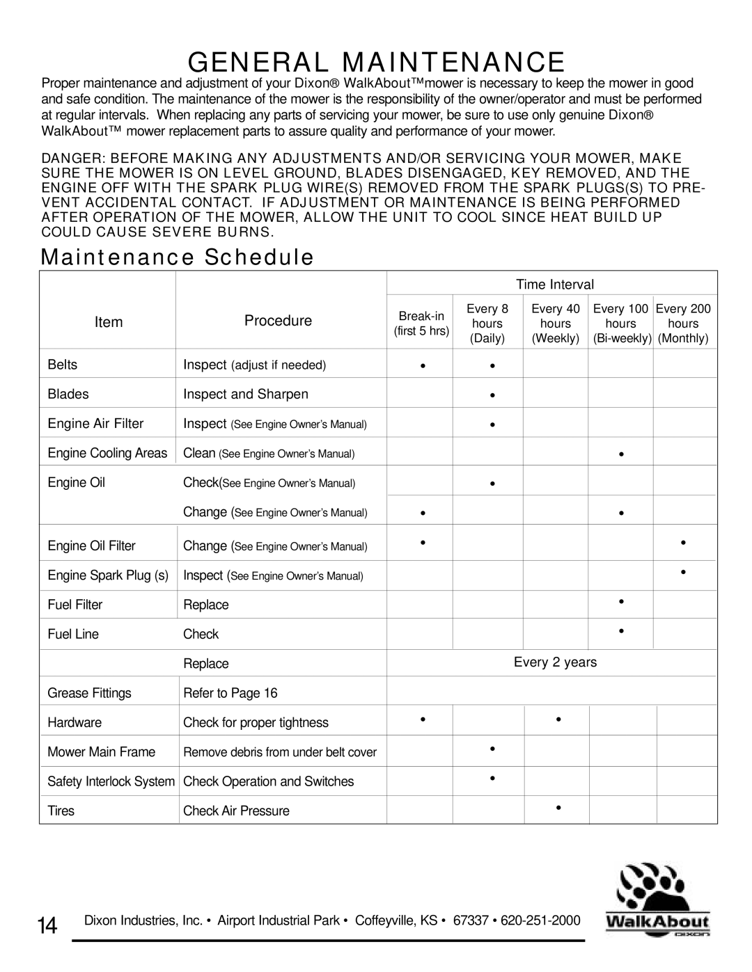 Dixon 36 & 48 owner manual General Maintenance 