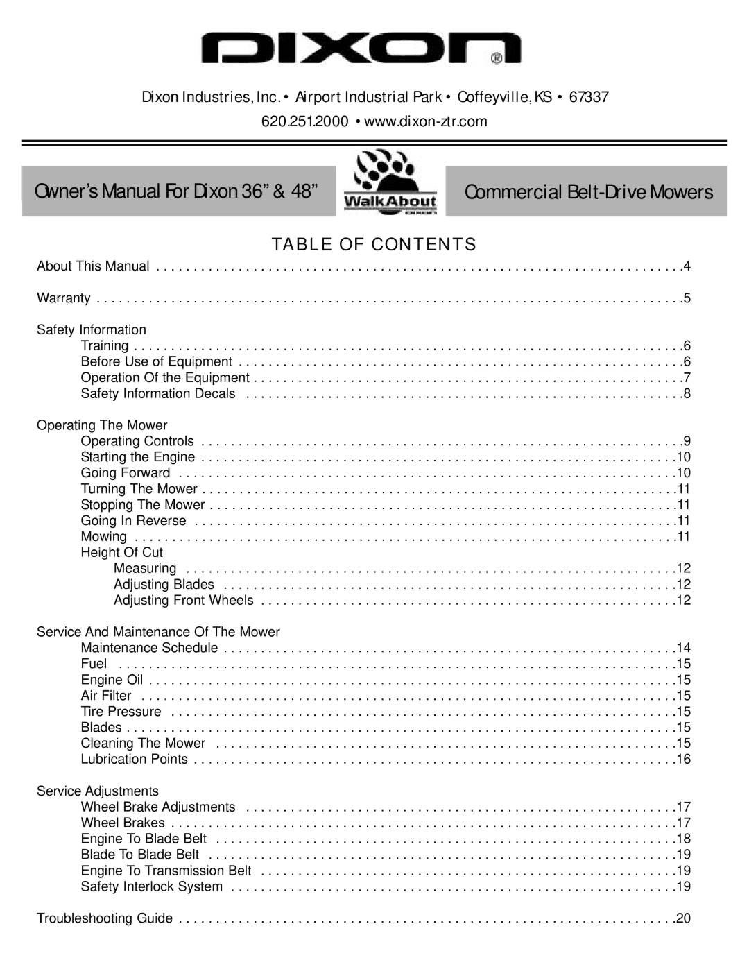 Dixon 36 & 48 owner manual Commercial Belt-Drive Mowers 