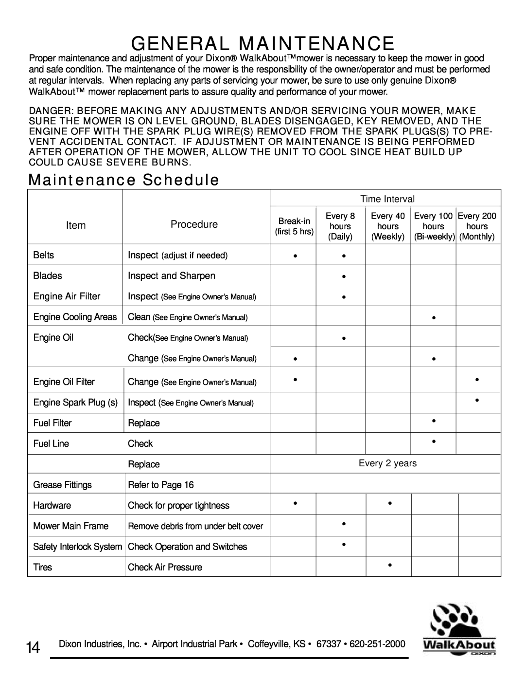 Dixon 36 & 48 owner manual General Maintenance, Maintenance Schedule 