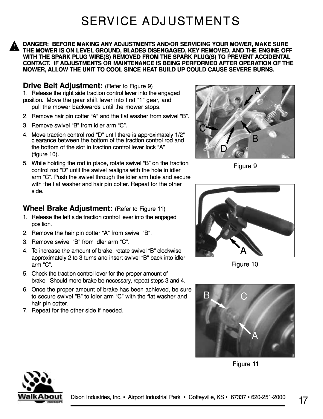 Dixon 36 & 48 Service Adjustments, A C B D, Drive Belt Adjustment Refer to Figure, Wheel Brake Adjustment Refer to Figure 
