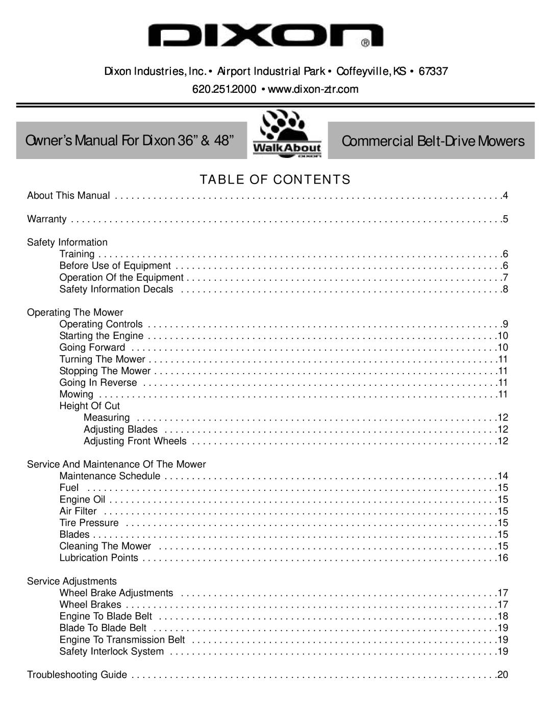 Dixon 36 & 48 owner manual Commercial Belt-DriveMowers, Table Of Contents 