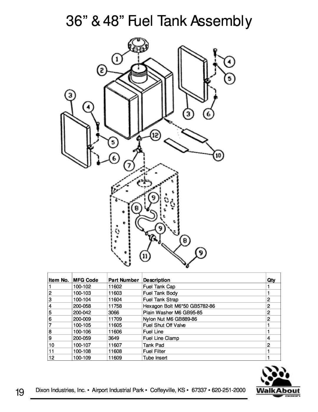 Dixon 36 & 48 owner manual 36” & 48” Fuel Tank Assembly, Item No, MFG Code, Part Number, Description 
