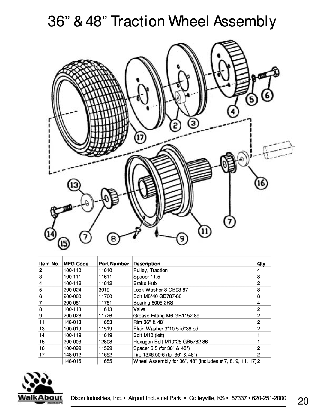 Dixon 36 & 48 owner manual 36” & 48” Traction Wheel Assembly, Item No, MFG Code, Part Number, Description 