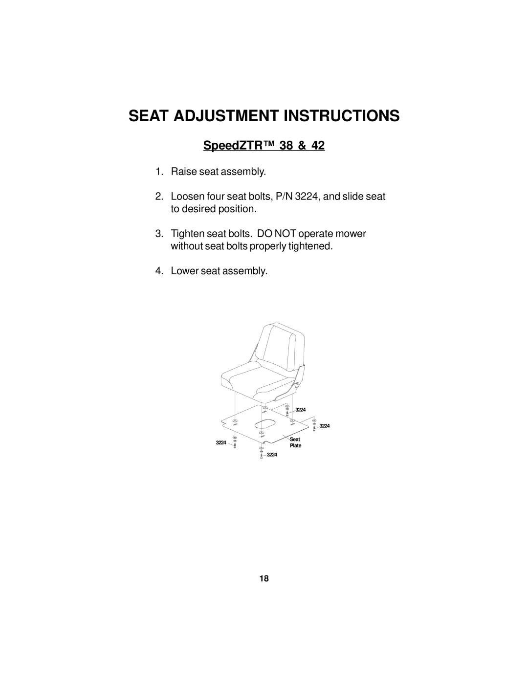 Dixon 36, 38, 42, 44 manual Seat Adjustment Instructions, SpeedZTR 38 