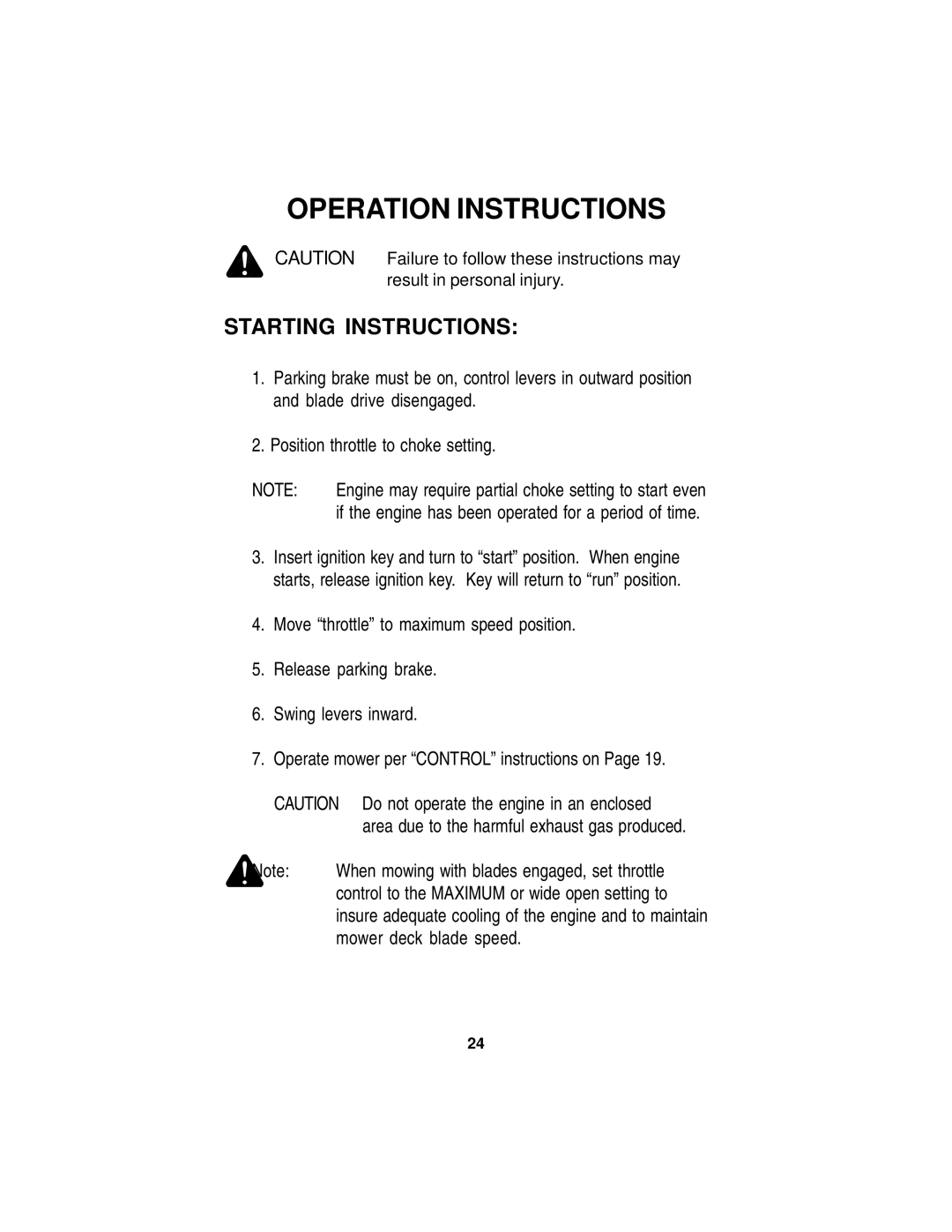 Dixon 36, 38, 42, 44 manual Starting Instructions 