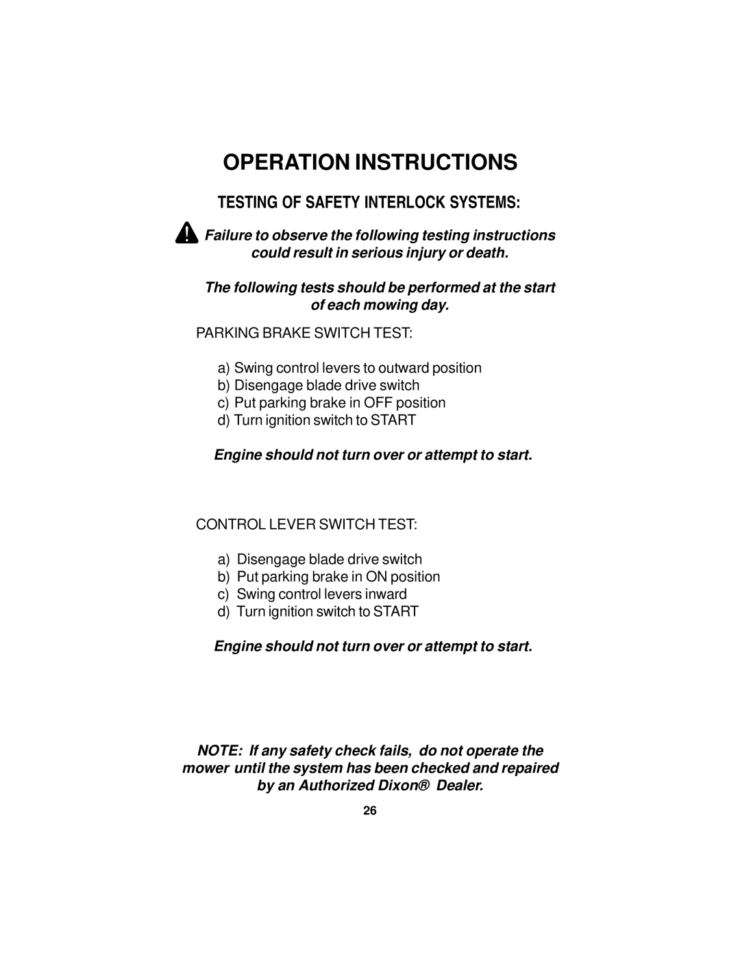 Dixon 36, 38, 42, 44 manual Testing of Safety Interlock Systems, Parking Brake Switch Test 