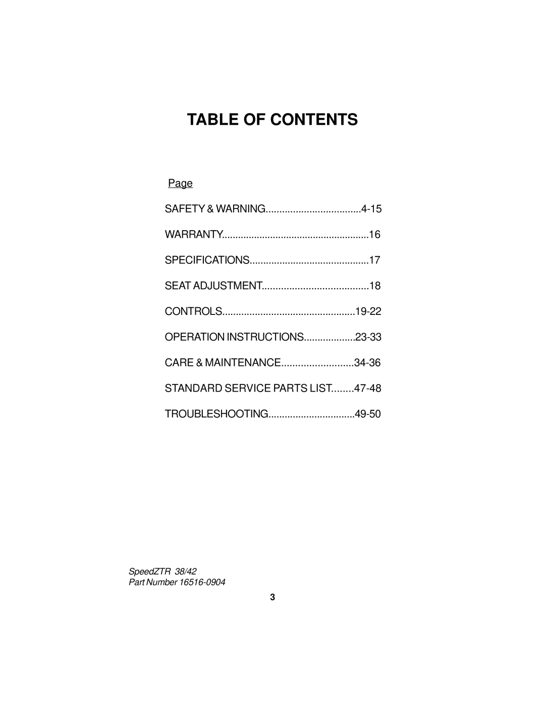 Dixon 36, 38, 42, 44 manual Table of Contents 