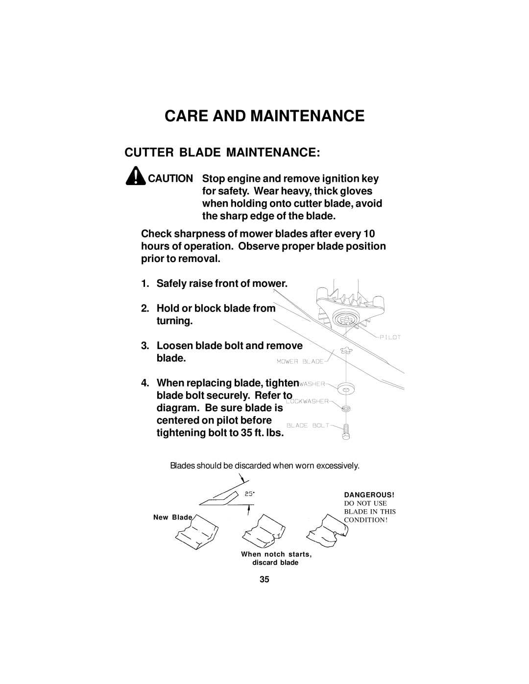 Dixon 36, 38, 42, 44 manual Cutter Blade Maintenance 