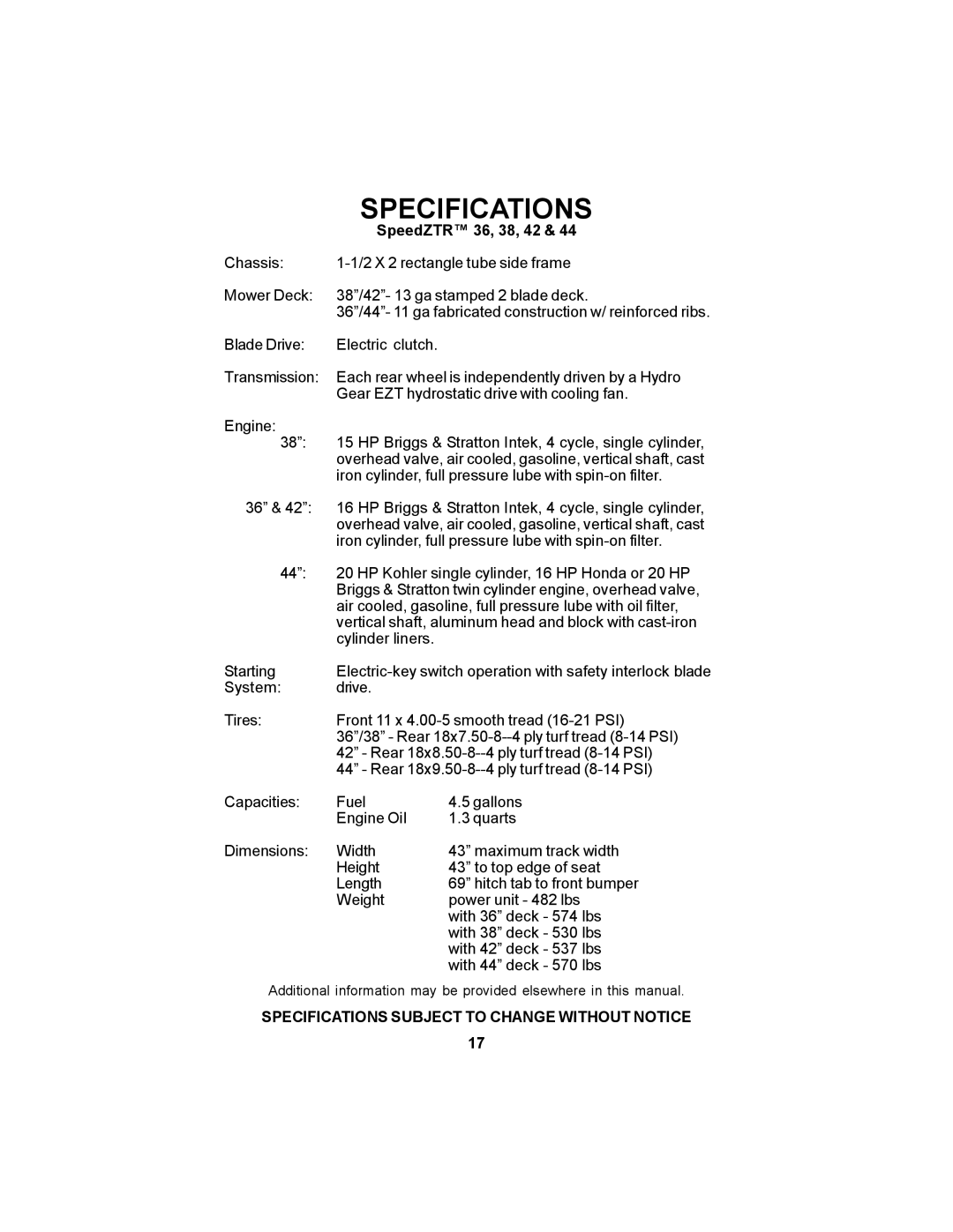 Dixon manual Specifications, SpeedZTR 36, 38, 42 