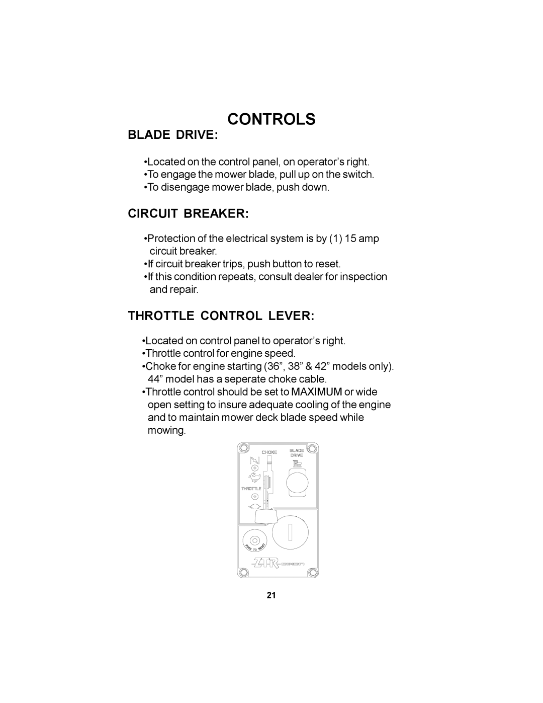 Dixon 36 manual Blade Drive, Circuit Breaker, Throttle Control Lever 