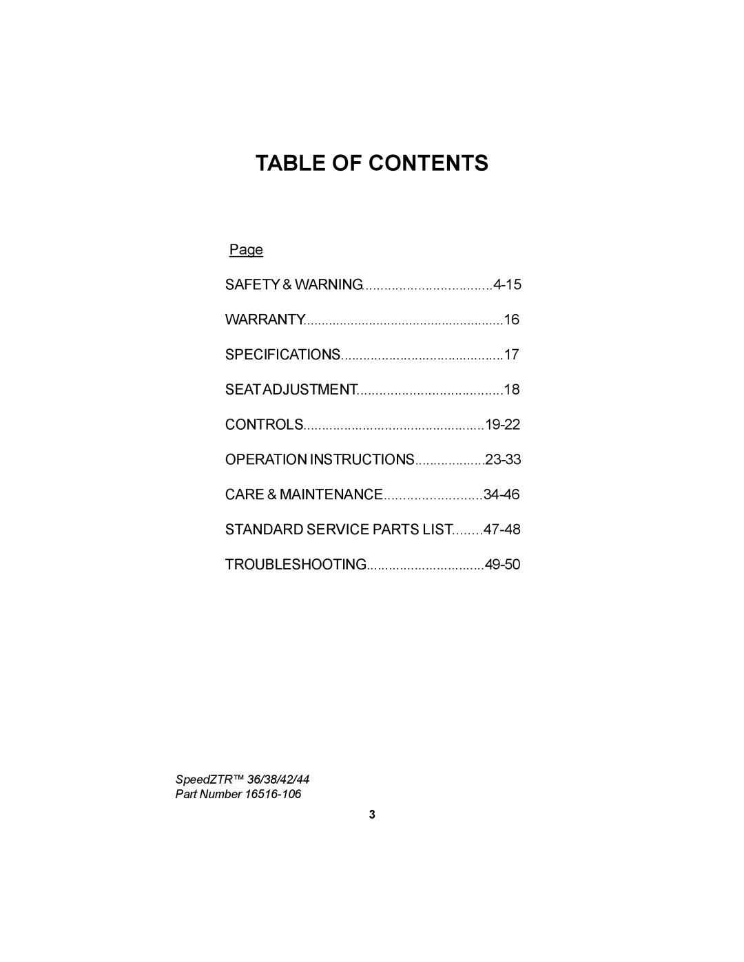 Dixon 36 manual Table of Contents 