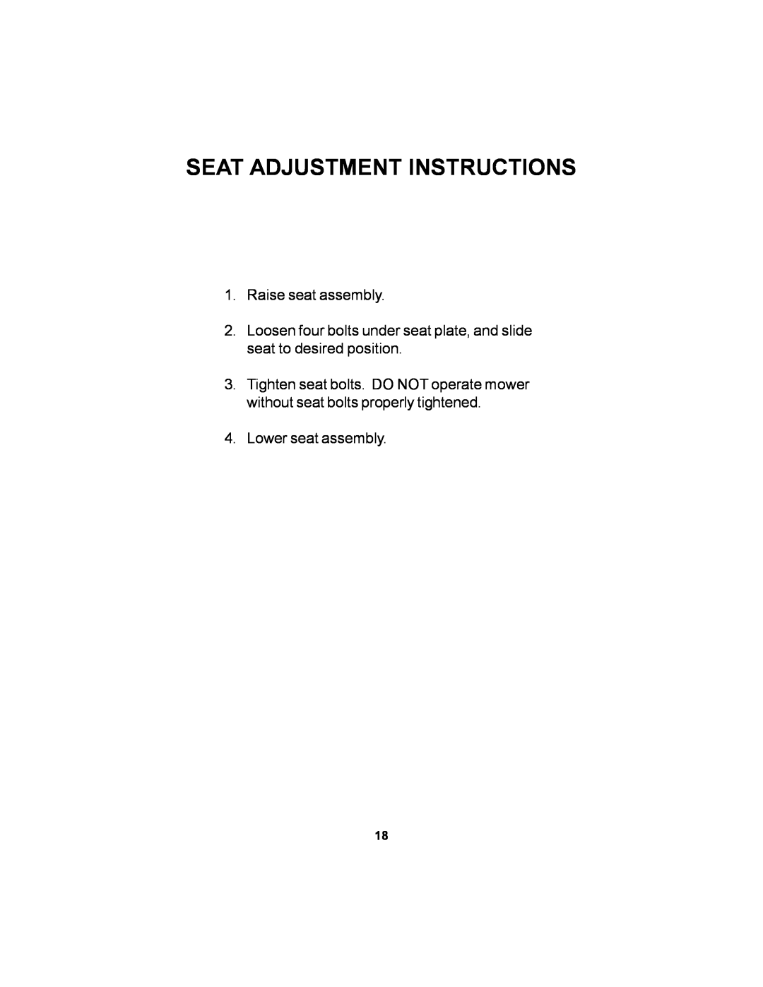 Dixon 36 manual Seat Adjustment Instructions, Raise seat assembly, Lower seat assembly 