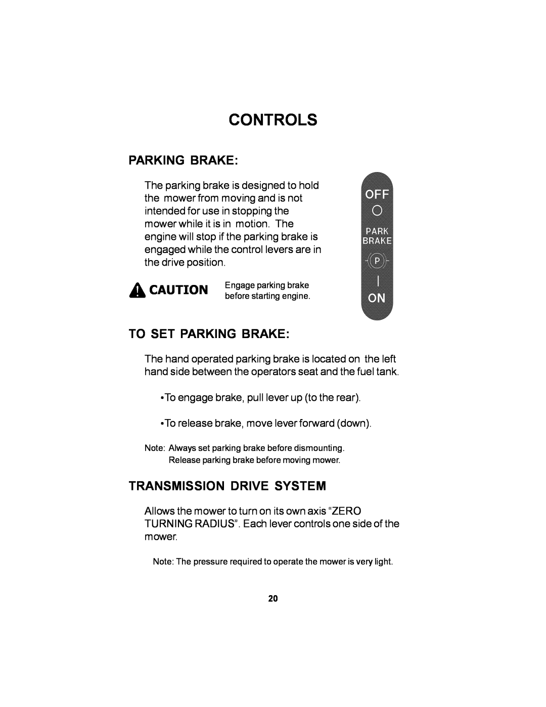 Dixon 36 manual To Set Parking Brake, Transmission Drive System, Controls 