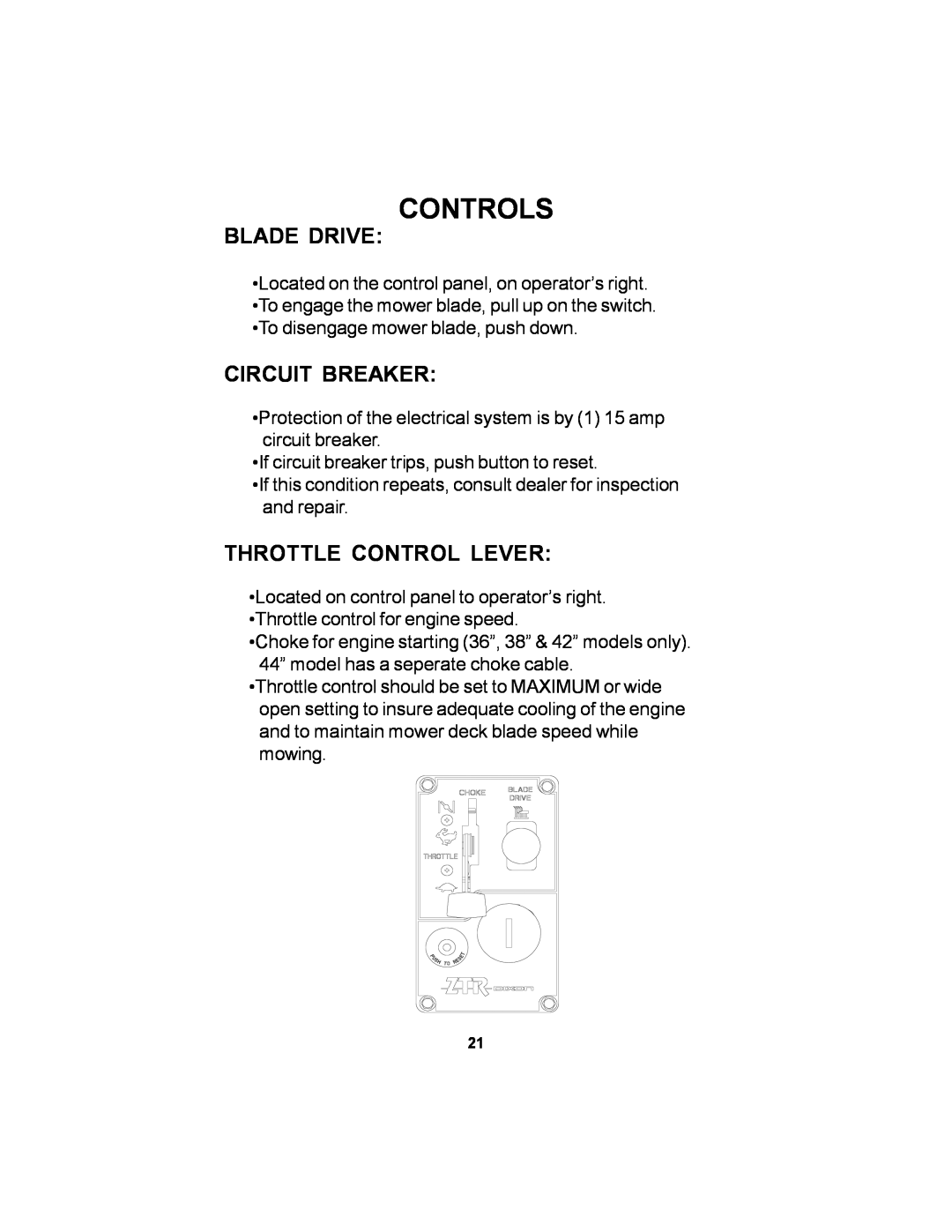 Dixon 36 manual Blade Drive, Circuit Breaker, Throttle Control Lever, Controls 
