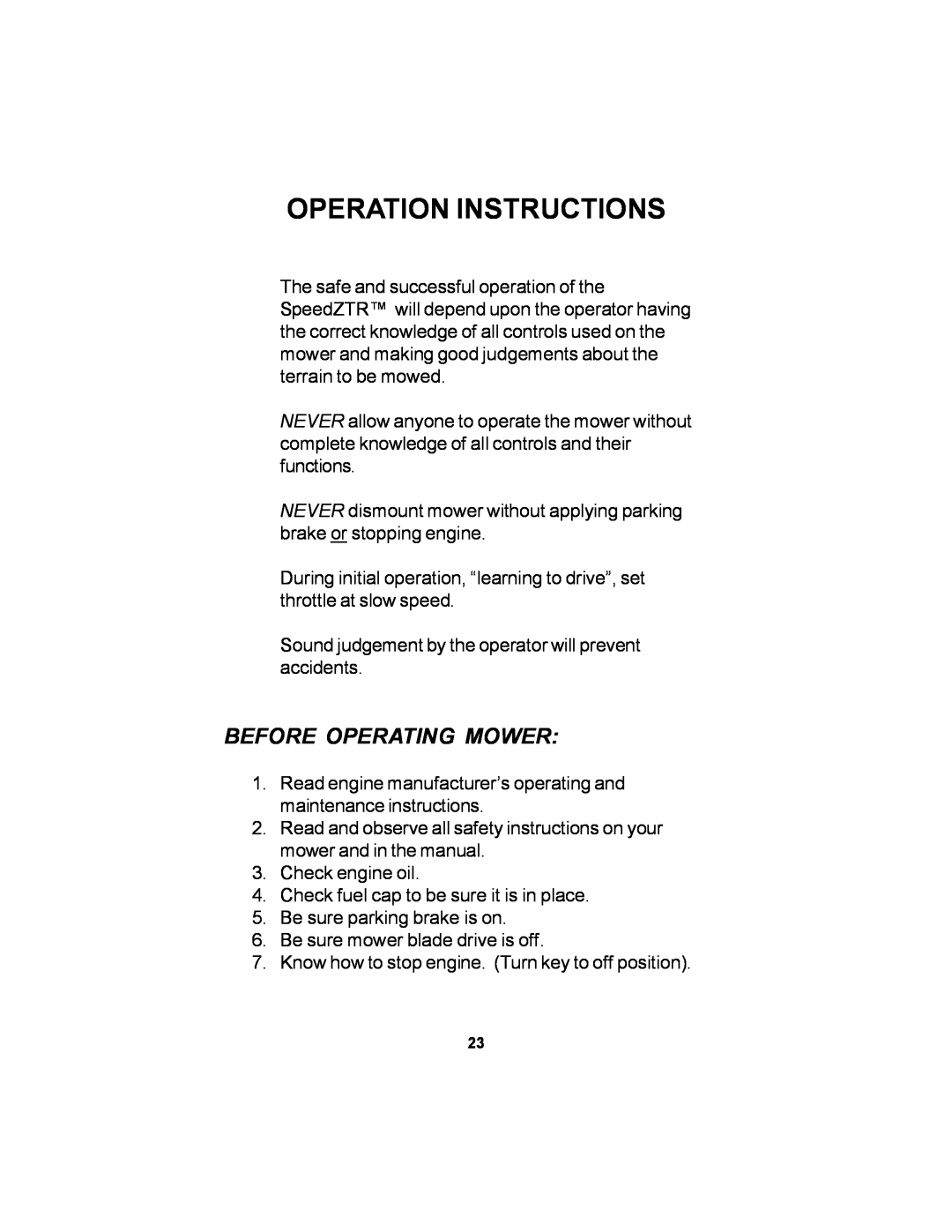 Dixon 36 manual Operation Instructions, Before Operating Mower 