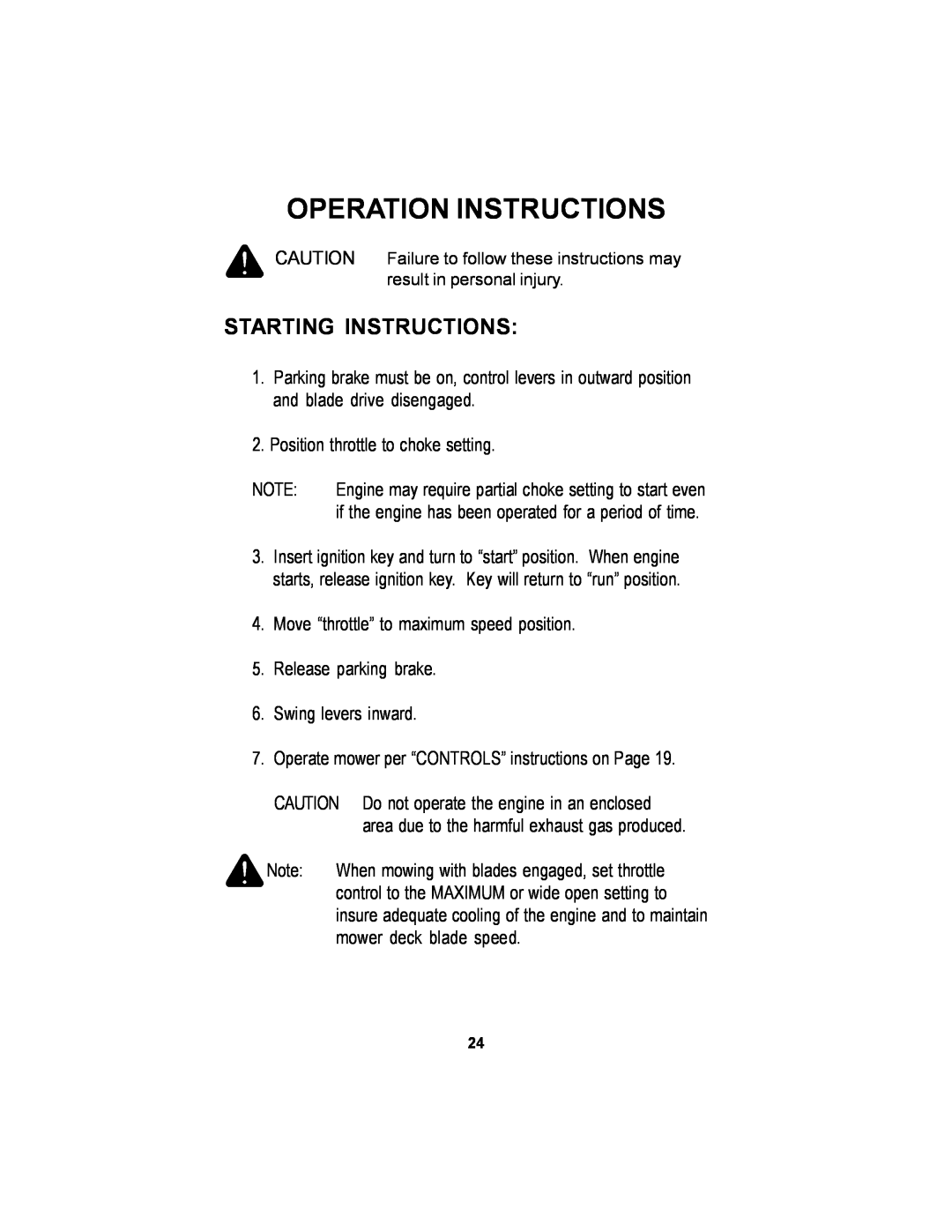 Dixon 36 manual Starting Instructions, Operation Instructions 