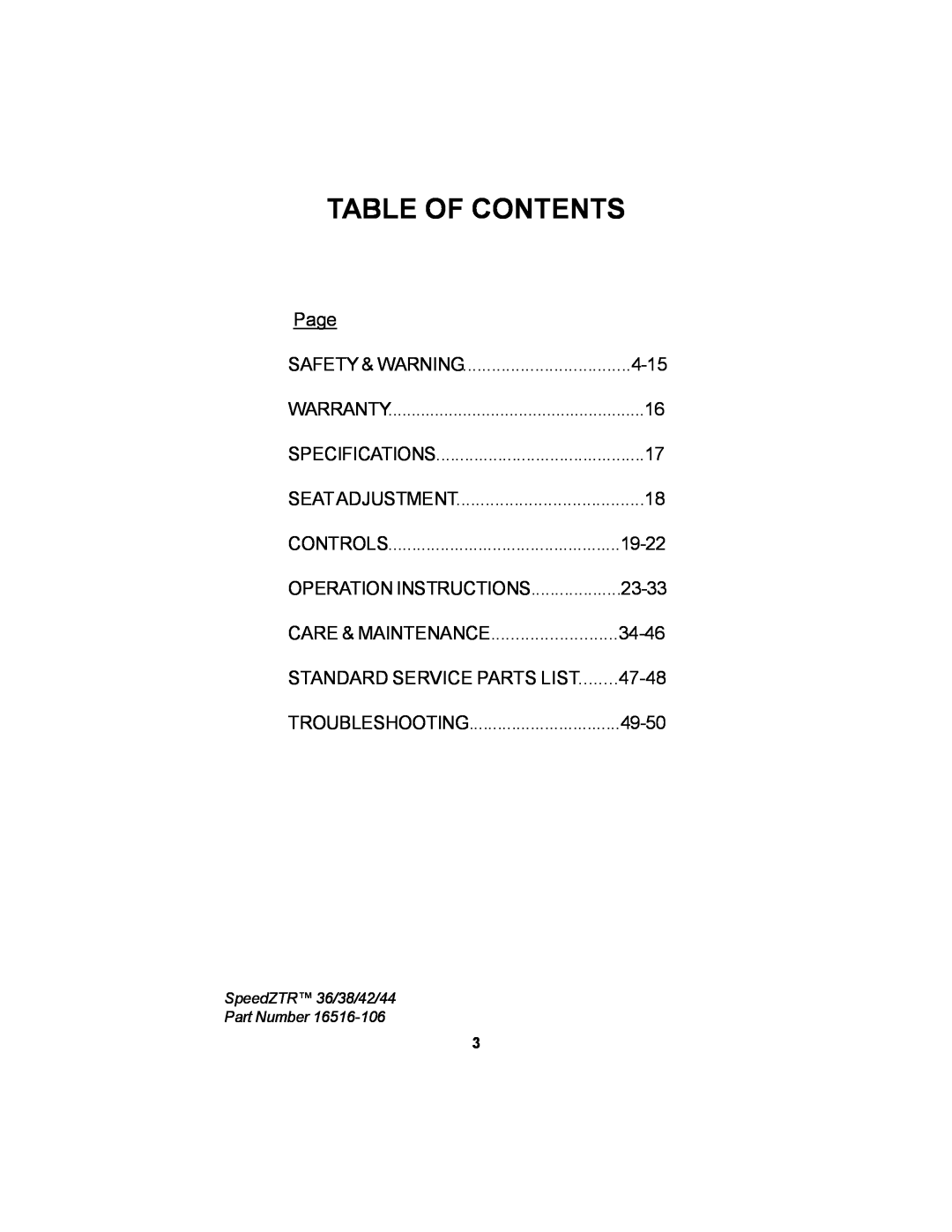 Dixon 36 manual Table Of Contents, Page, 4-15, Controls, 19-22, 23-33, Care & Maintenance, 47-48, Troubleshooting, 49-50 
