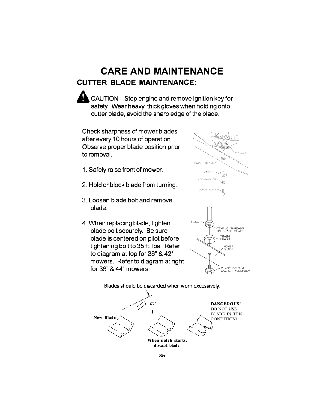 Dixon 36 manual Cutter Blade Maintenance, Care And Maintenance 