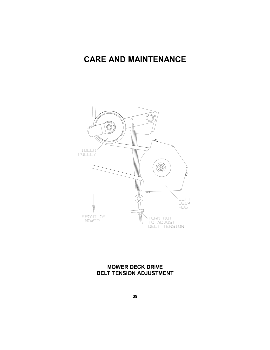 Dixon 36 manual Care And Maintenance, Mower Deck Drive Belt Tension Adjustment 